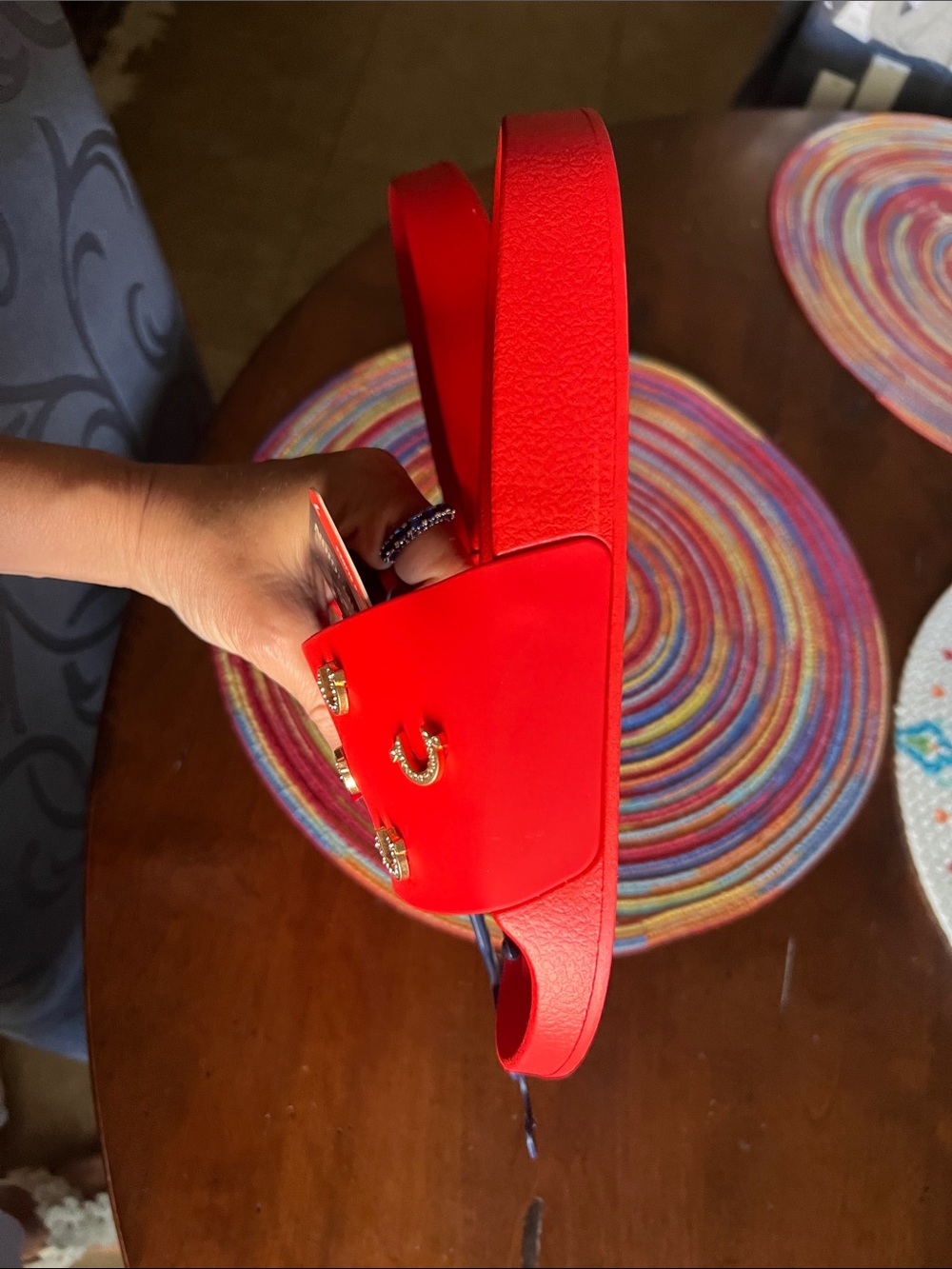 True Religion Red Slide Sandals with Gold Horsehoe Studs - Picture 4 of 5
